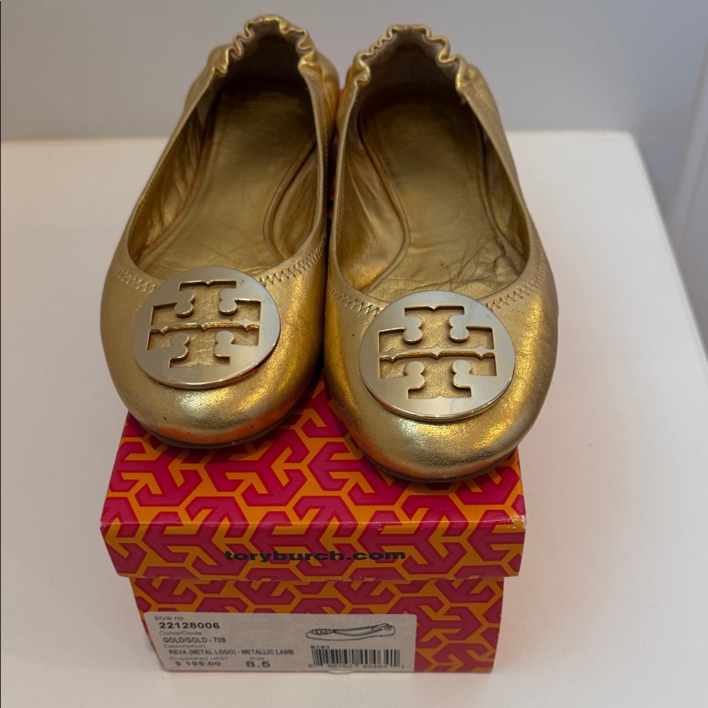 Tory Burch Gold Reva Logo Ballet Flats - Women's Size 8.5 Original Box